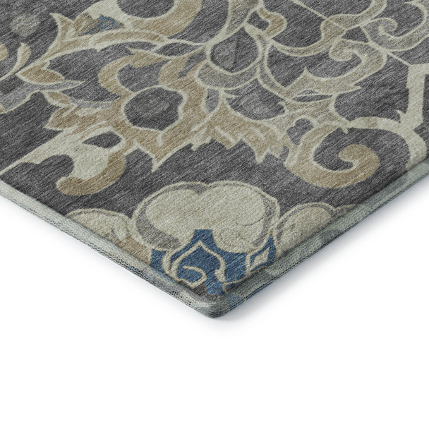 3' X 5' Beige Charcoal And Blue Floral Medallion Washable Area Rug With UV Protection