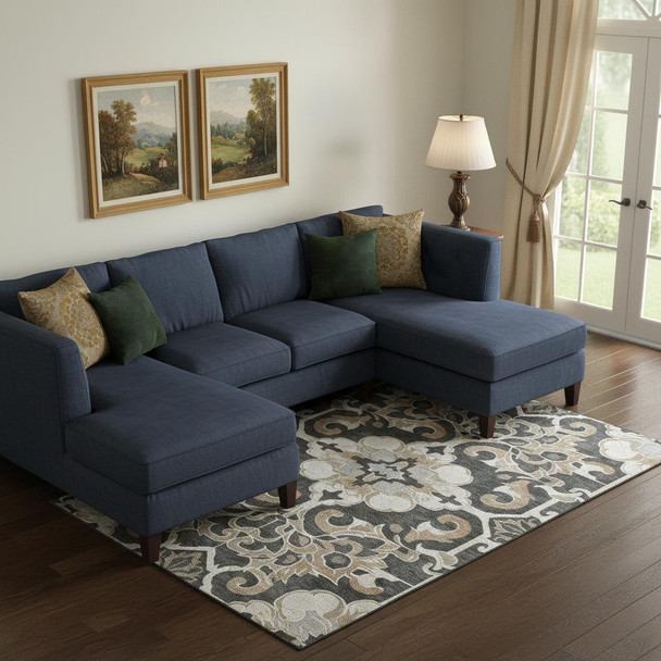 10' X 14' Charcoal Taupe And Ivory Floral Medallion Washable Area Rug With UV Protection