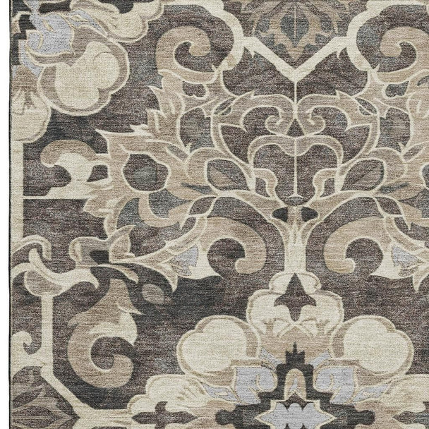 5' X 8' Chocolate Ivory And Gray Floral Medallion Washable Area Rug With UV Protection