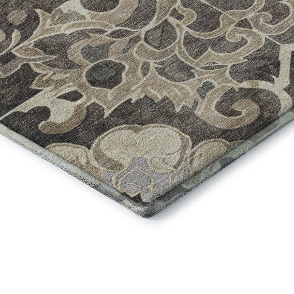 8' Chocolate Ivory And Gray Floral Medallion Washable Round Rug With UV Protection