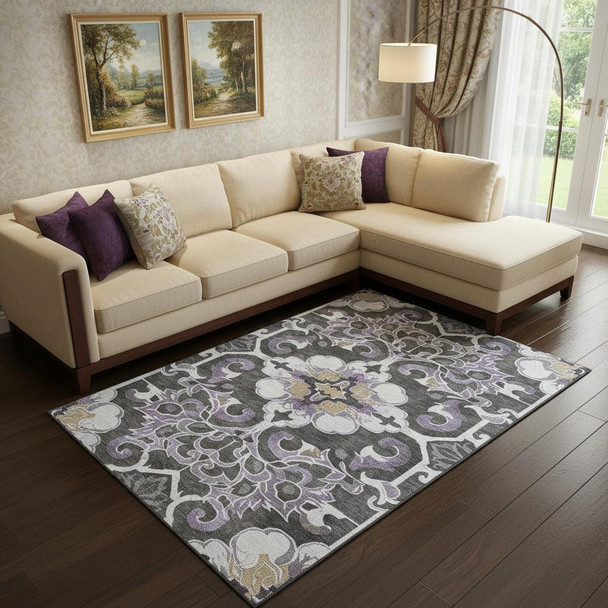 9' X 12' Purple Ivory And Charcoal Floral Medallion Washable Area Rug With UV Protection