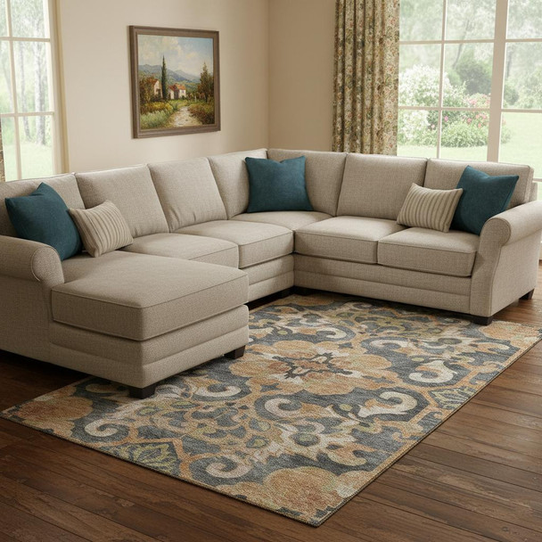 8' X 10' Terra Cotta Charcoal And Beige Floral Medallion Washable Area Rug With UV Protection