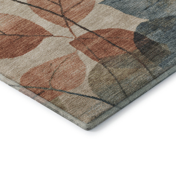 9' X 12' Beige Copper And Denim Blue Floral Washable Area Rug With UV Protection
