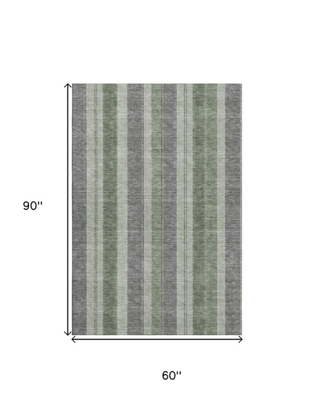 5' X 8' Green And Gray Striped Washable Area Rug With UV Protection