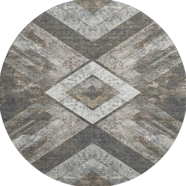 8' Brown Gray And Ivory Geometric Washable Round Rug With UV Protection