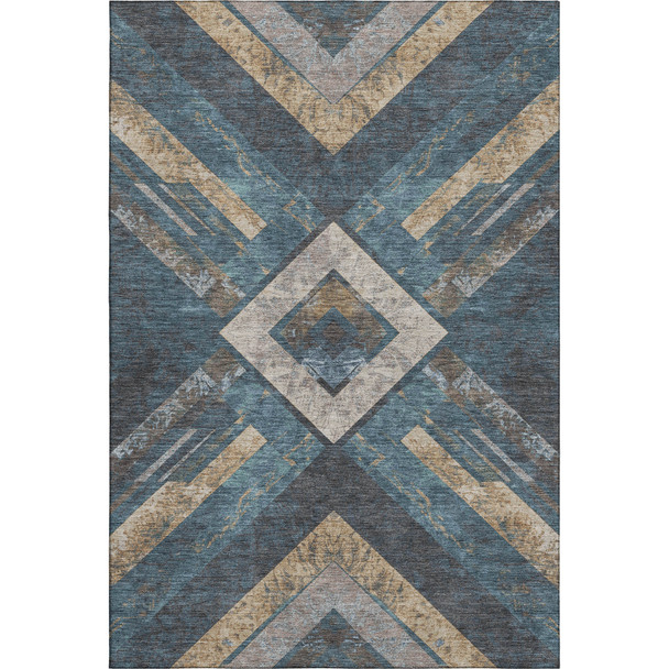 5' X 8' Navy Blue Brown And Beige Geometric Washable Area Rug With UV Protection