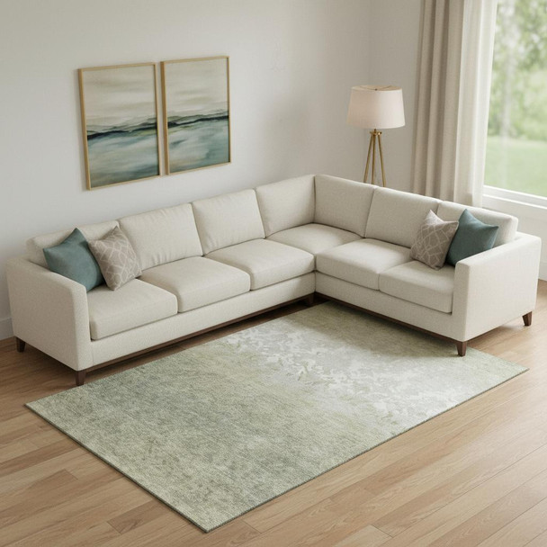 10' X 14' Beige Ivory And Taupe Damask Washable Area Rug With UV Protection