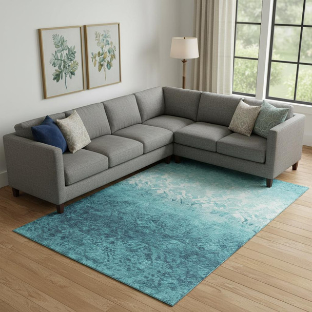 9' X 12' Teal And Ivory Damask Washable Area Rug With UV Protection