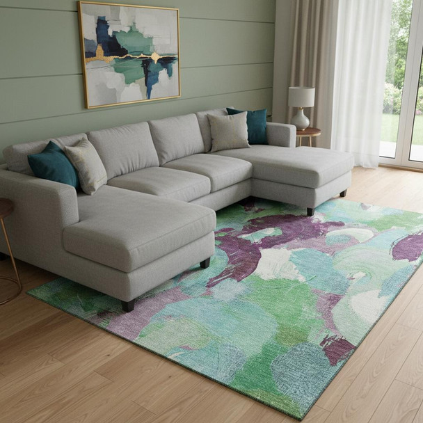 8' X 10' Teal Purple And Green Abstract Washable Area Rug With UV Protection