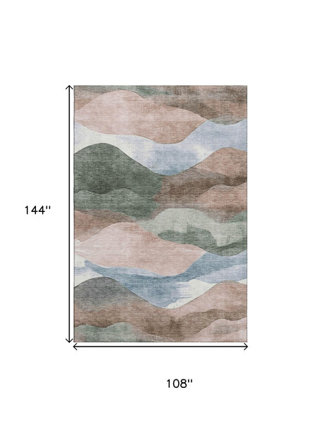 9' X 12' Salmon Emerald And Ivory Abstract Washable Area Rug With UV Protection