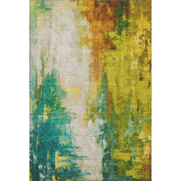 10' X 14' Green Gold And Orange Abstract Washable Area Rug With UV Protection