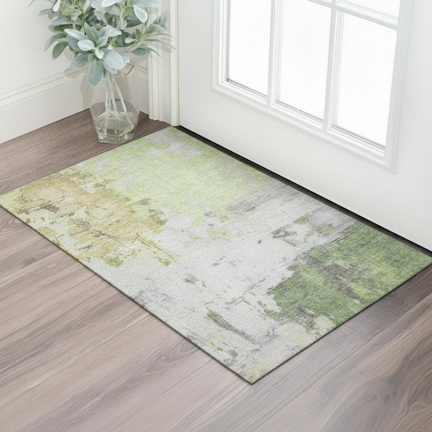 3' X 5' Artichoke Green Ivory And Gold Abstract Washable Area Rug With UV Protection