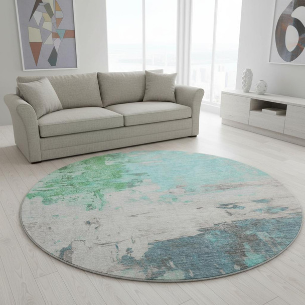 8' Teal Green And Ivory Abstract Washable Round Rug With UV Protection