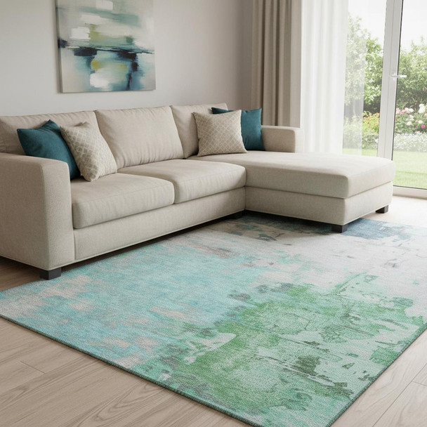 8' X 10' Teal Green And Ivory Abstract Washable Area Rug With UV Protection