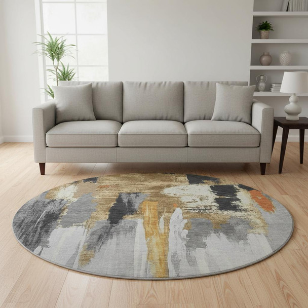 8' Black Gray And Brown Abstract Washable Round Rug With UV Protection