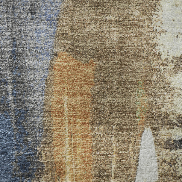 9' X 12' Navy Blue Ivory And Brown Abstract Washable Area Rug With UV Protection