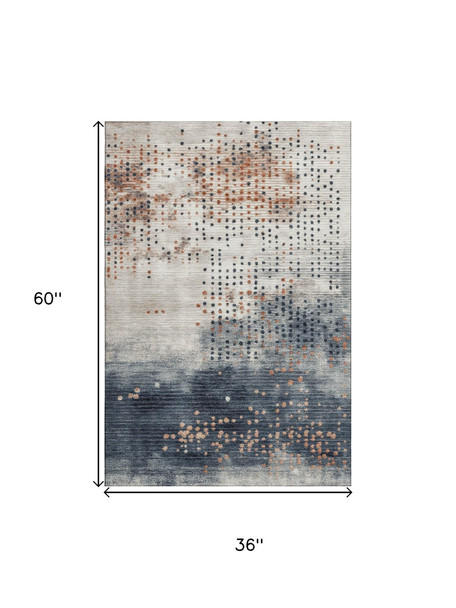 3' X 5' Linen And Blue Geometric Washable Area Rug With UV Protection
