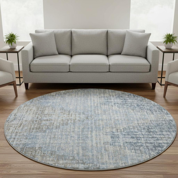 8' Denim Blue And Ivory Geometric Washable Round Rug With UV Protection
