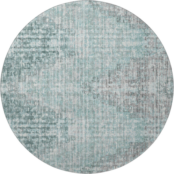 8' Teal And Gray Geometric Washable Round Rug With UV Protection