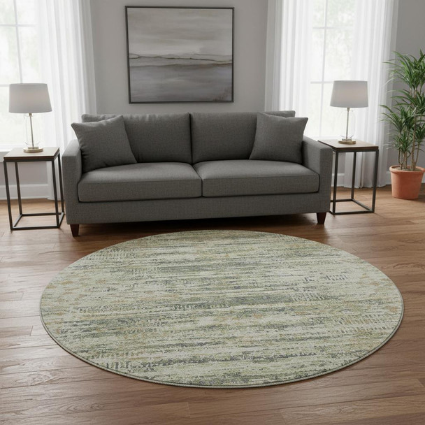 8' Artichoke Green Copper And Gray Moroccan Washable Round Rug With UV Protection