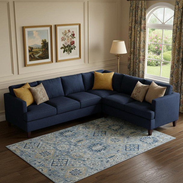 10' X 14' Denim Blue And Gold Oriental Washable Area Rug With UV Protection