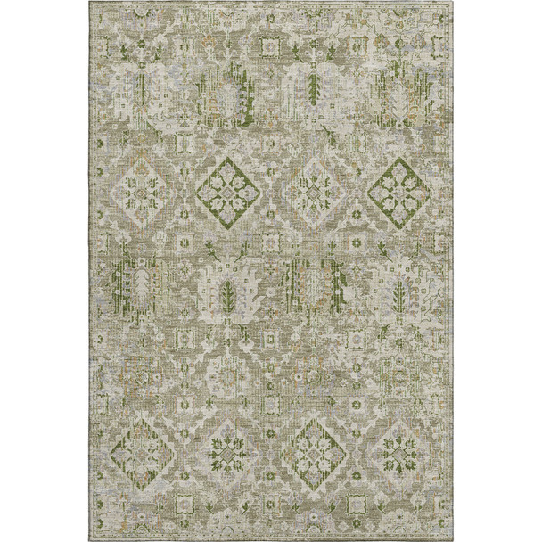 9' X 12' Fern Green And Beige Oriental Washable Area Rug With UV Protection
