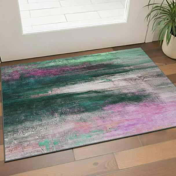 3' X 5' Green And Mauve Abstract Washable Area Rug With UV Protection