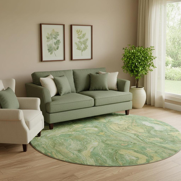 8' Green And Gold Abstract Washable Round Rug With UV Protection