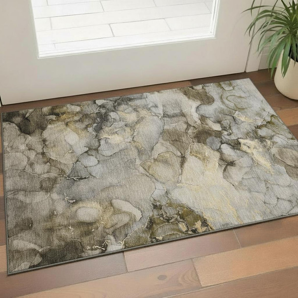 3' X 5' Pewter And Gold Abstract Washable Area Rug With UV Protection