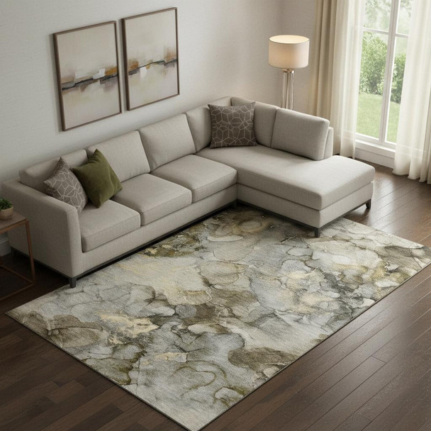 8' X 10' Pewter And Gold Abstract Washable Area Rug With UV Protection