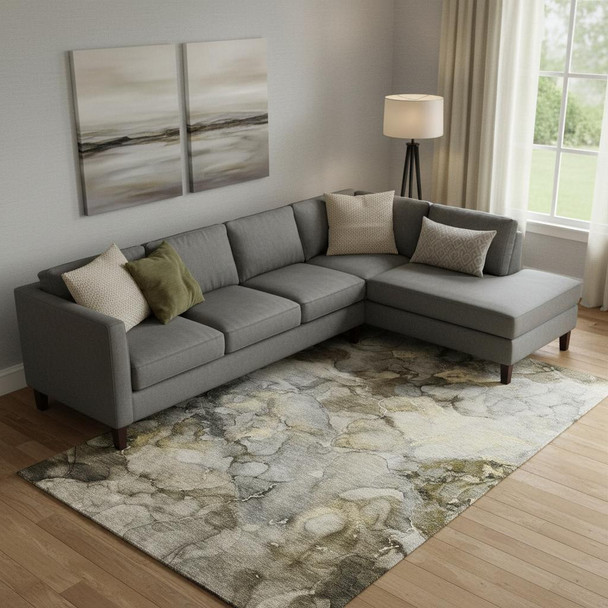 10' X 14' Pewter And Gold Abstract Washable Area Rug With UV Protection