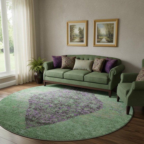 8' Lime Green And Purple Medallion Washable Round Rug With UV Protection