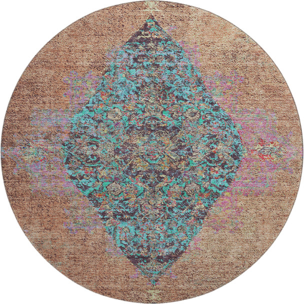 8' Orange And Pink Medallion Washable Round Rug With UV Protection