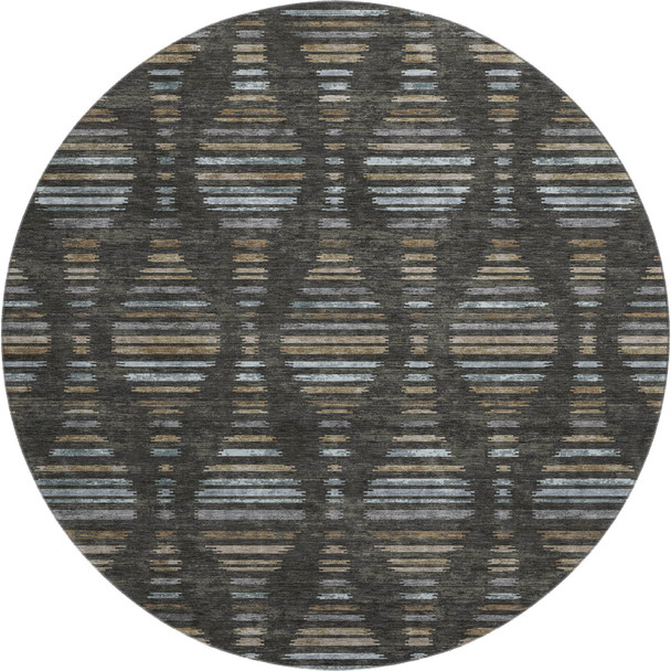8' Coffee And Gray Striped Washable Round Rug With UV Protection