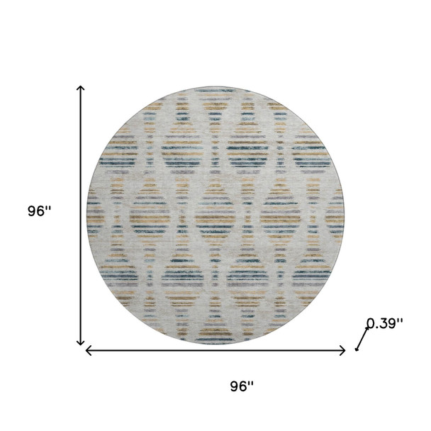 8' Linen And Blue Striped Washable Round Rug With UV Protection