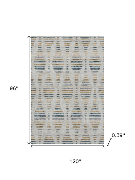 8' X 10' Linen And Blue Striped Washable Area Rug With UV Protection