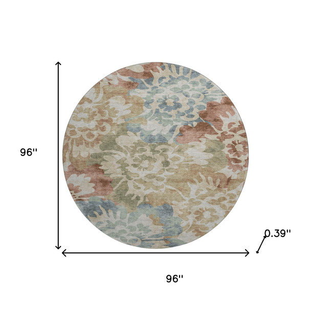8' Rust And Blue Floral Washable Round Rug With UV Protection