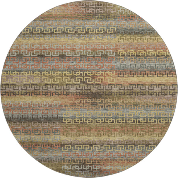 8' Brown And Gold Striped Washable Round Rug With UV Protection
