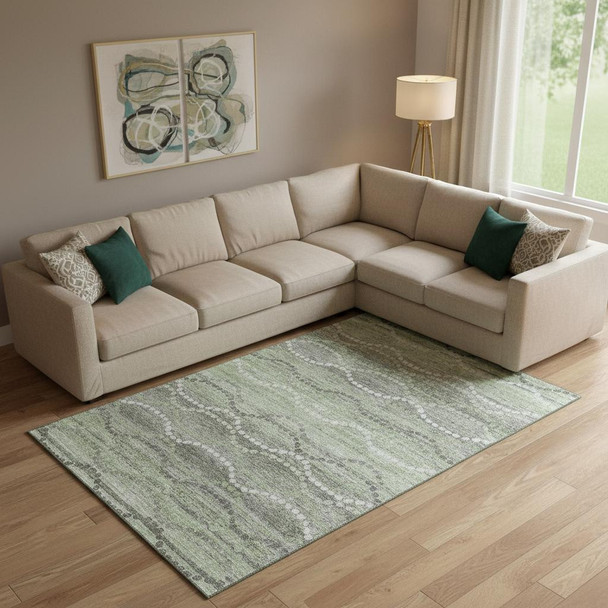 9' X 12' Green And Ivory Abstract Geometric Washable Area Rug With UV Protection