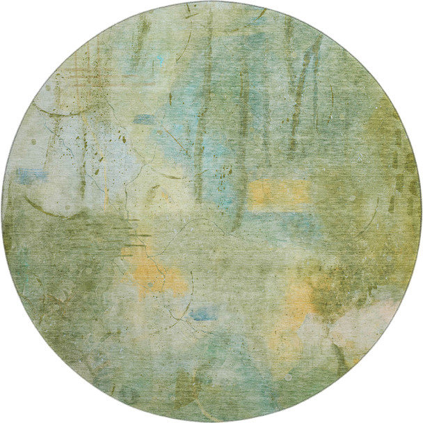 8' Sage And Teal Abstract Washable Round Rug With UV Protection