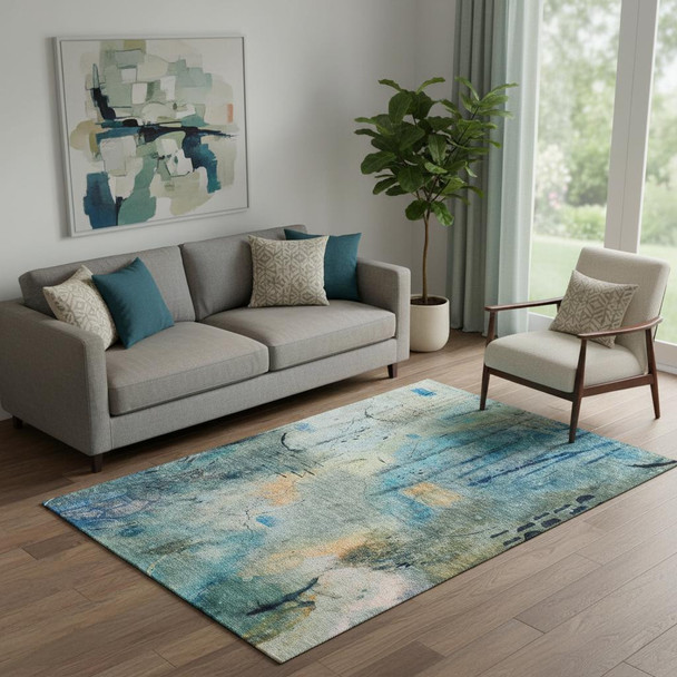 5' X 8' Teal And Green Abstract Washable Area Rug With UV Protection