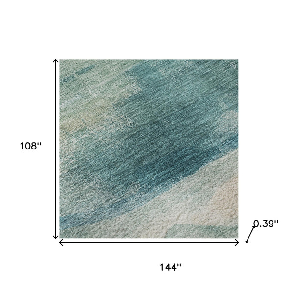 9' X 12' Teal And Ivory Abstract Washable Area Rug With UV Protection