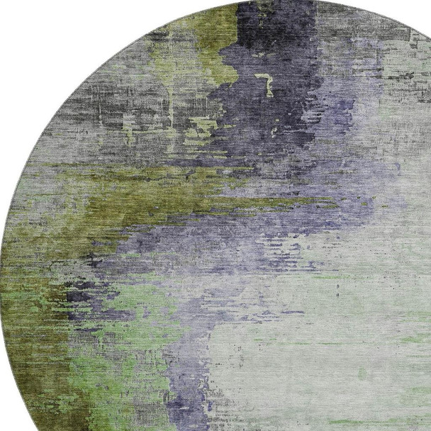 8' Plum And Green Abstract Washable Round Rug With UV Protection
