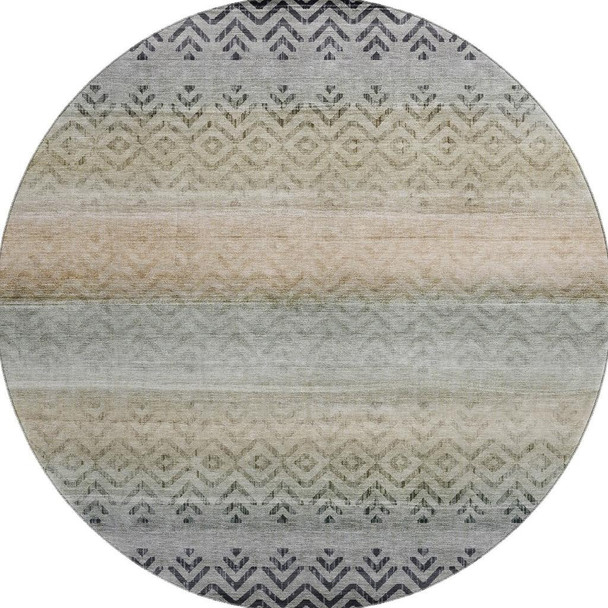 8' Gray And Charcoal Geometric Washable Round Rug With UV Protection