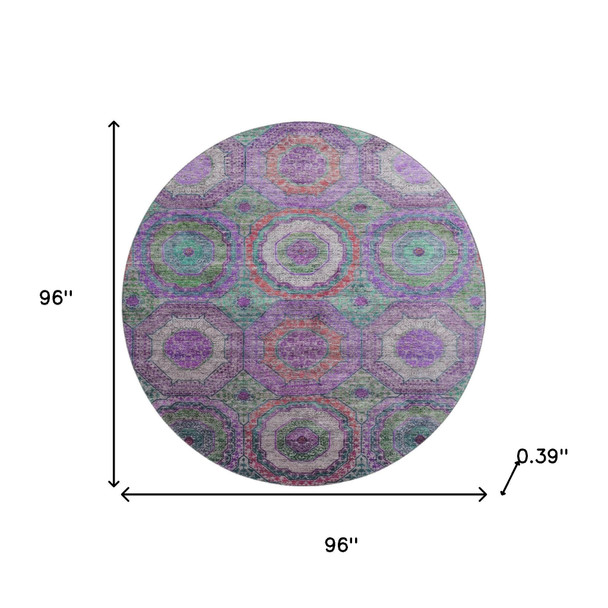 8' Purple And Lime Green Geometric Washable Round Rug With UV Protection