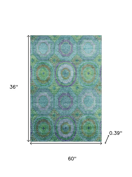 3' X 5' Teal And Lime Green Geometric Washable Area Rug With UV Protection