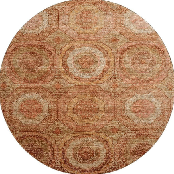 8' Terra Cotta And Copper Geometric Washable Round Rug With UV Protection