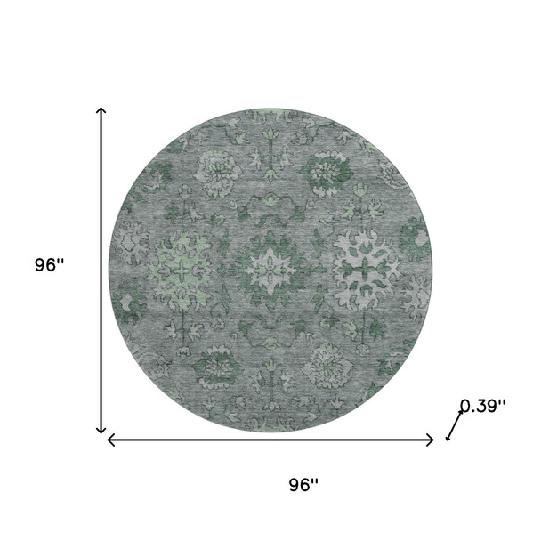 8' Sage And Gray Oriental Washable Round Rug With UV Protection