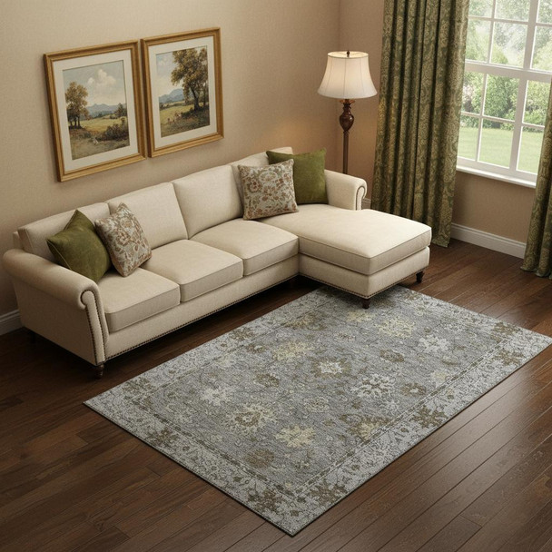 8' X 10' Pewter And Taupe Oriental Washable Area Rug With UV Protection