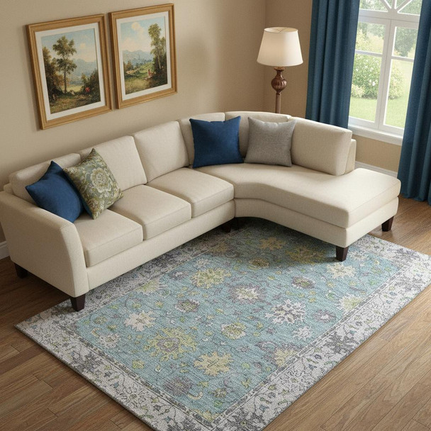 9' X 12' Pale Aqua And Teal Oriental Washable Area Rug With UV Protection